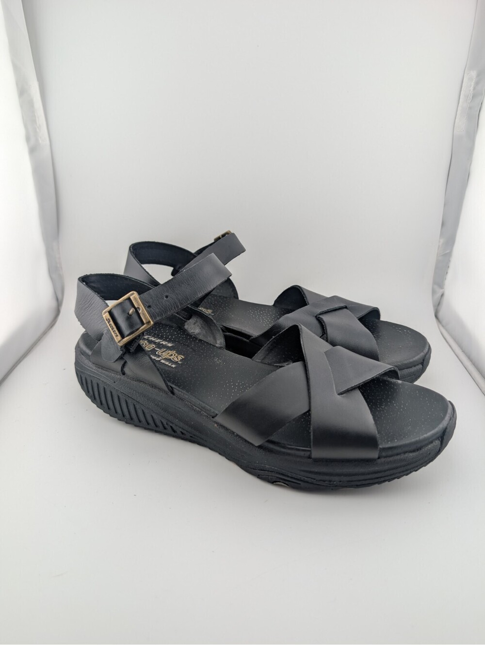 Skechers Shape Ups Women's Size 7.5 Black Leather Sandals Crossover
